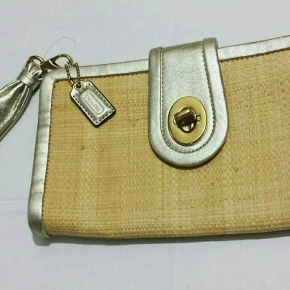 Coach Parker Gold Straw/Leather Trim Wrist
